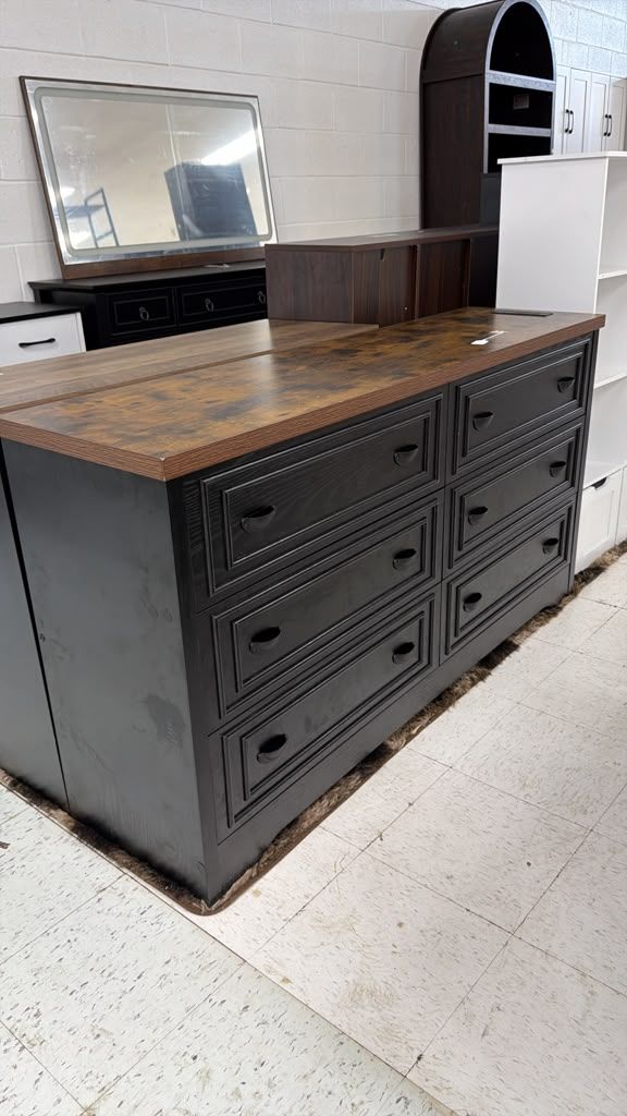 Black Six-Drawer Dresser with Mirror