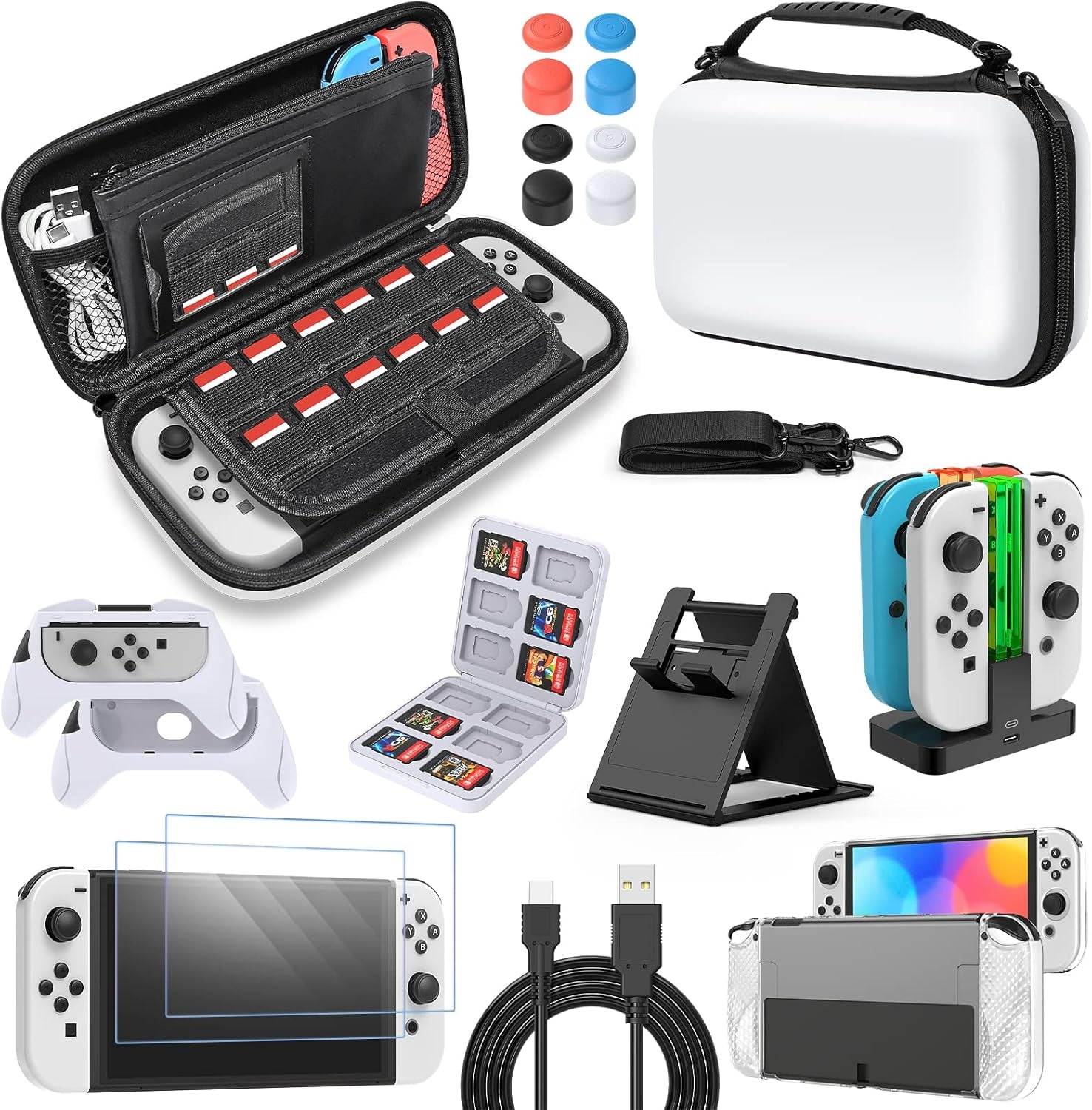 All in 1 Accessories Kits for Switch OLED 2021 Model:Case & Screen Protector, Hand Grips & Racing Wheels for Joy Con, Controller Charger Dock, Carrying Case & More -White
