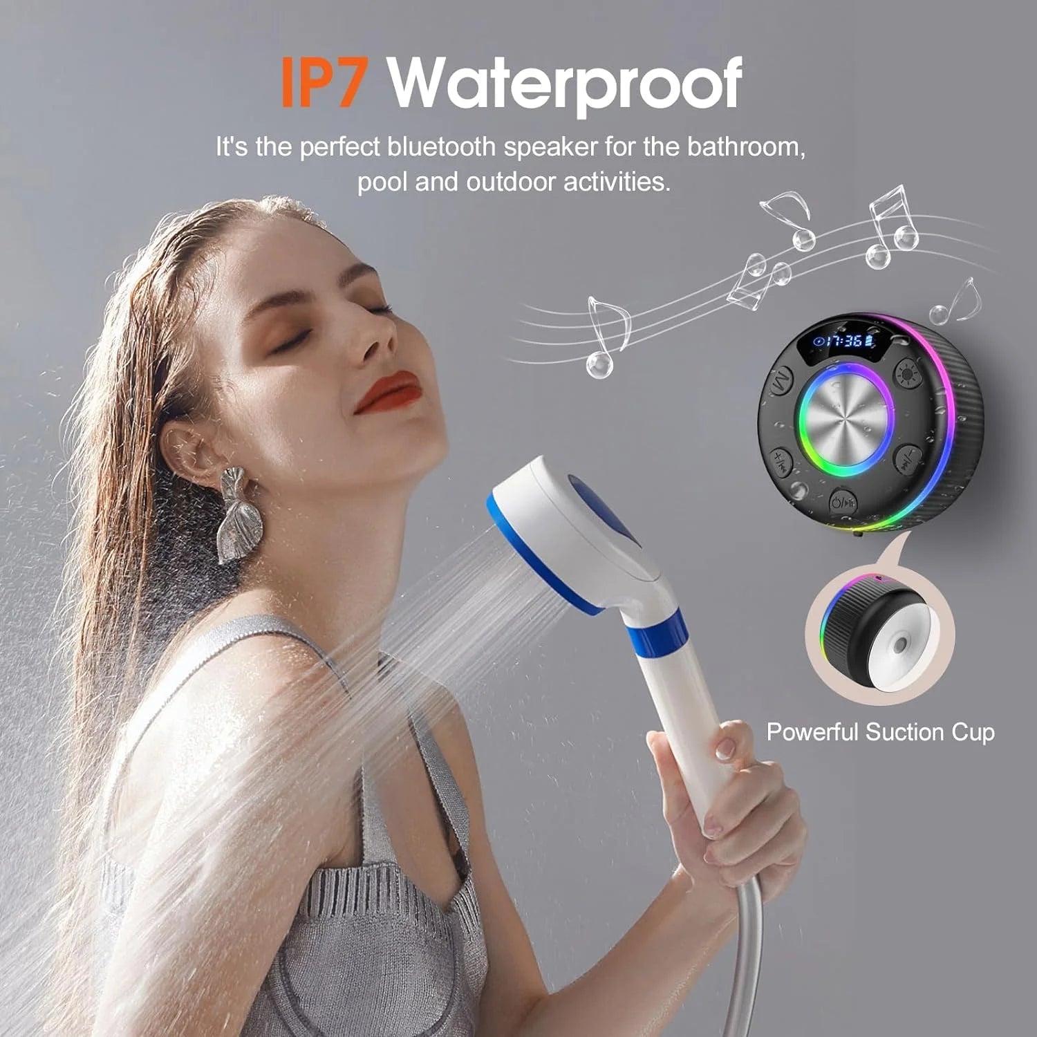 Shower Speaker, Bluetooth Speakers, IPX7 Waterproof Portable Speakers with LED Light, Speakers Bluetooth Wireless Loud Clear Sound, Suction Cup, Time Display for Home/Party/Outdoor/Beach, Gift