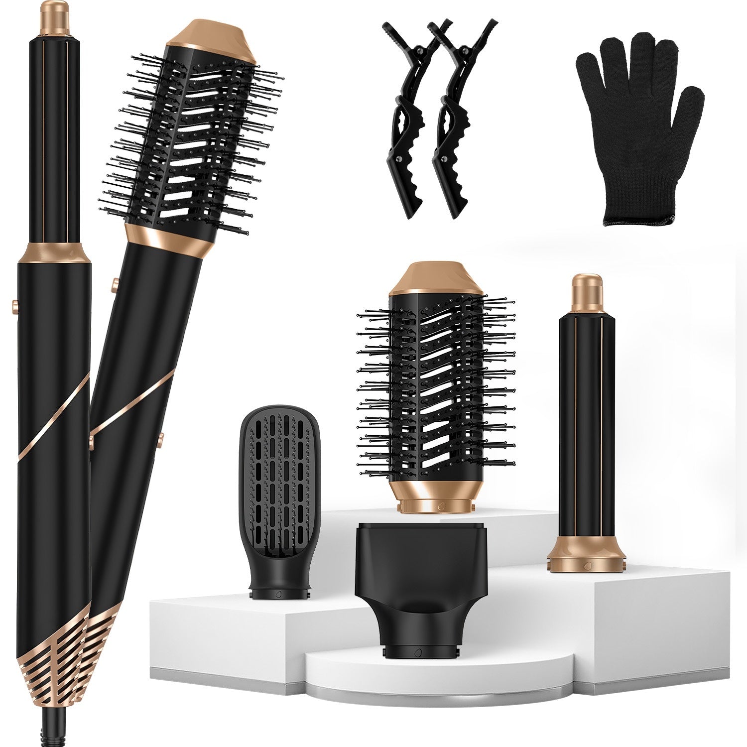 1Pc 5 In 1 Hot Air Styler Straightener Curler Dryer Automatic Wrap Styler Hair Dryer Brush Set With 3 Temp Settings ALCI Plug Glove Cable Tie 2 Alligator Hair Clips
