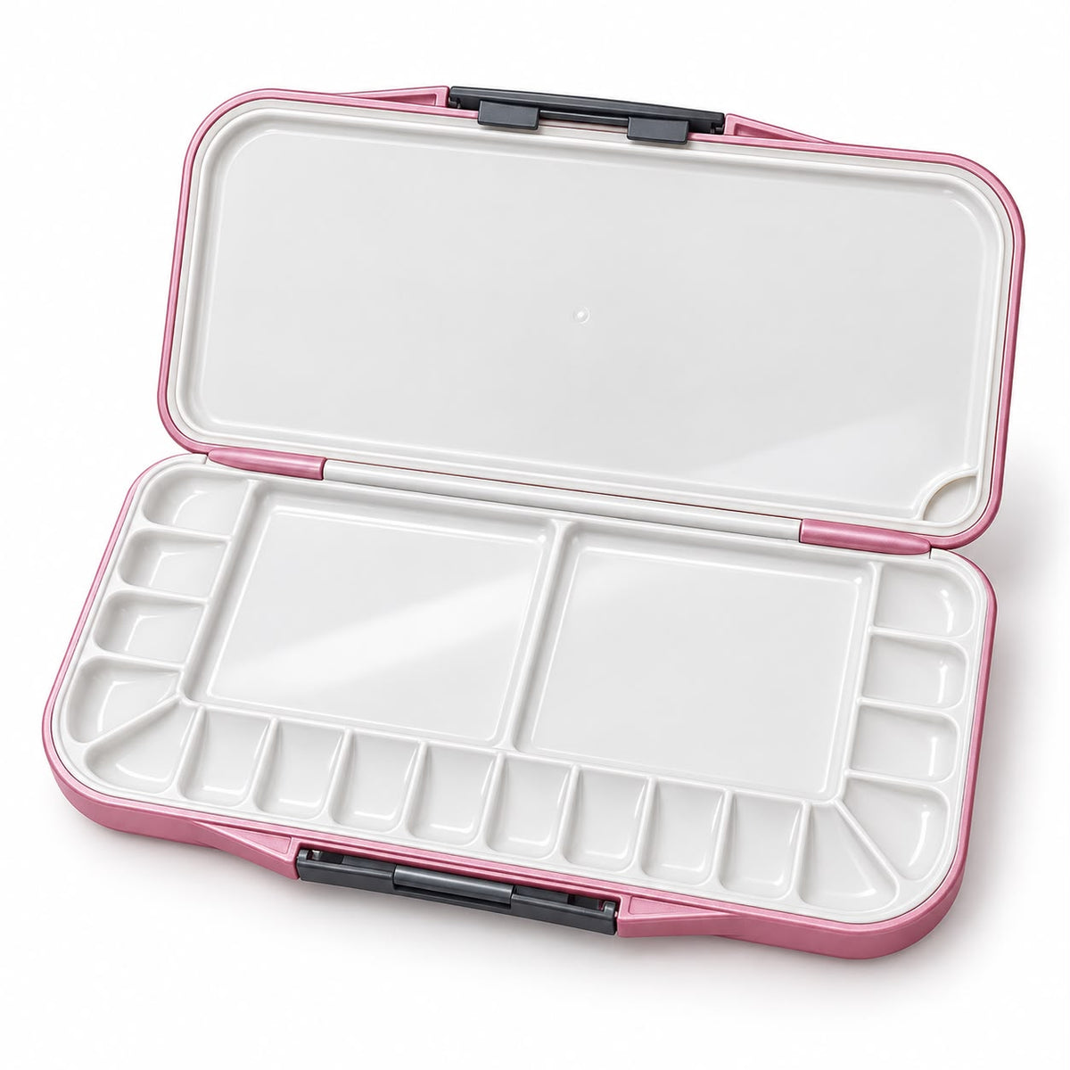 A pink and white plastic makeup palette
