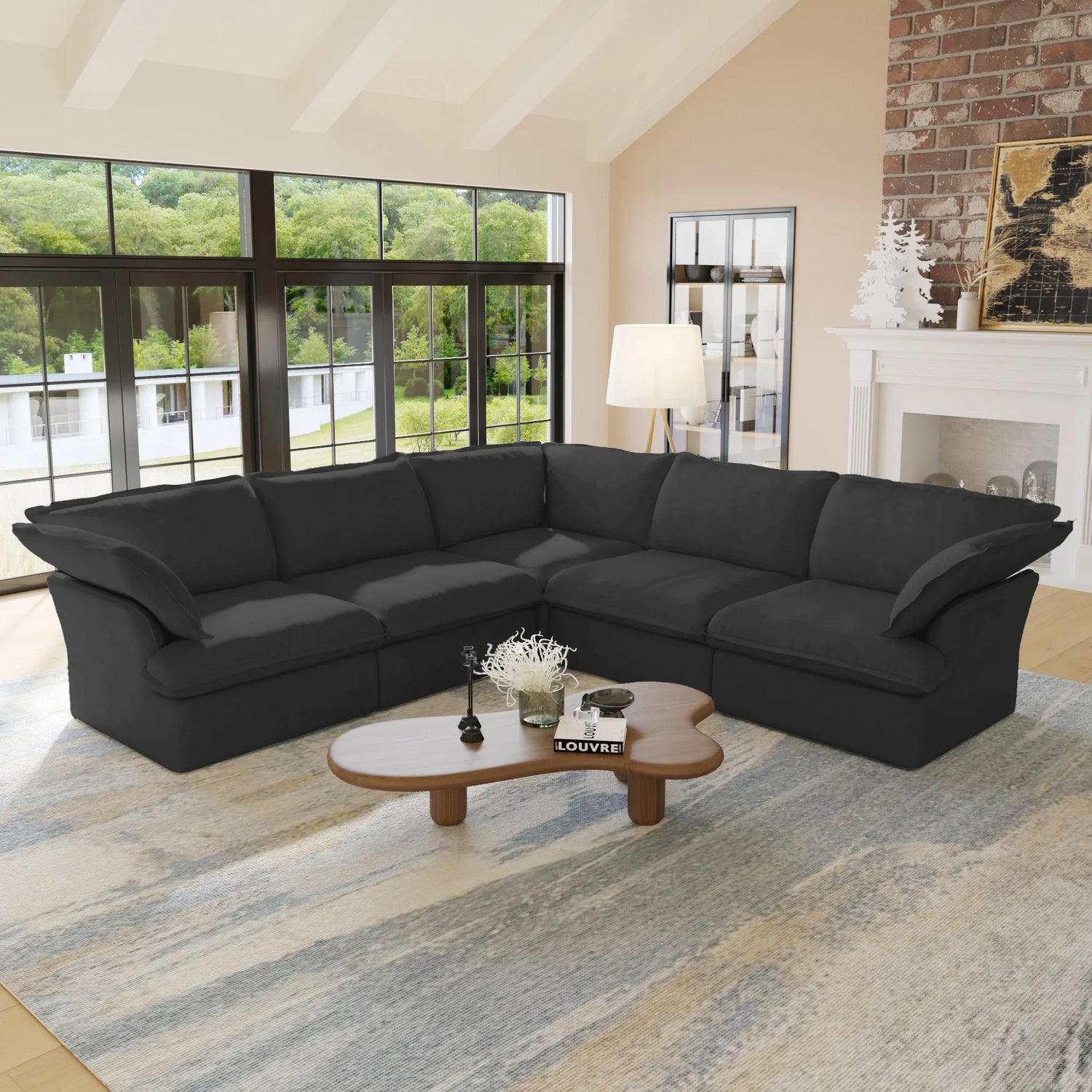 L Shape Corner Sectional Couch Breathable Linen Cloud Couches Down Fill Convertible Modular Sectional Sofas for Living Room