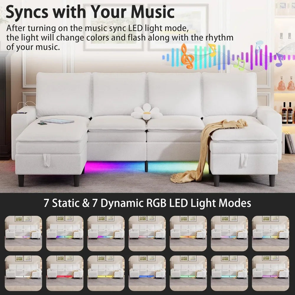 Sectional Couches for Living Room, 4 Seat Sectional Sofa with Double Cushions/Storage Ottoman, Teddy Fleece U Shaped Couch with