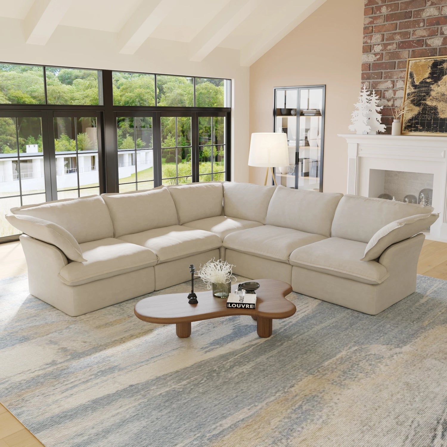 L Shape Corner Sectional Couch Breathable Linen Cloud Couches Down Fill Convertible Modular Sectional Sofas for Living Room