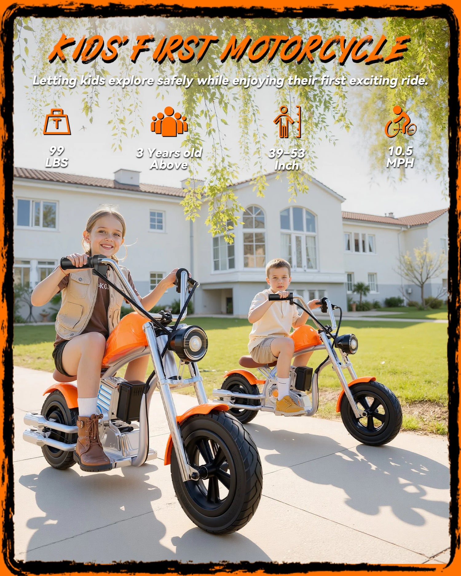 18V Electric Dirt Bike 160W Motor Retro Motocross 10mph Fast Speed with LED Lights Orange for Kids
