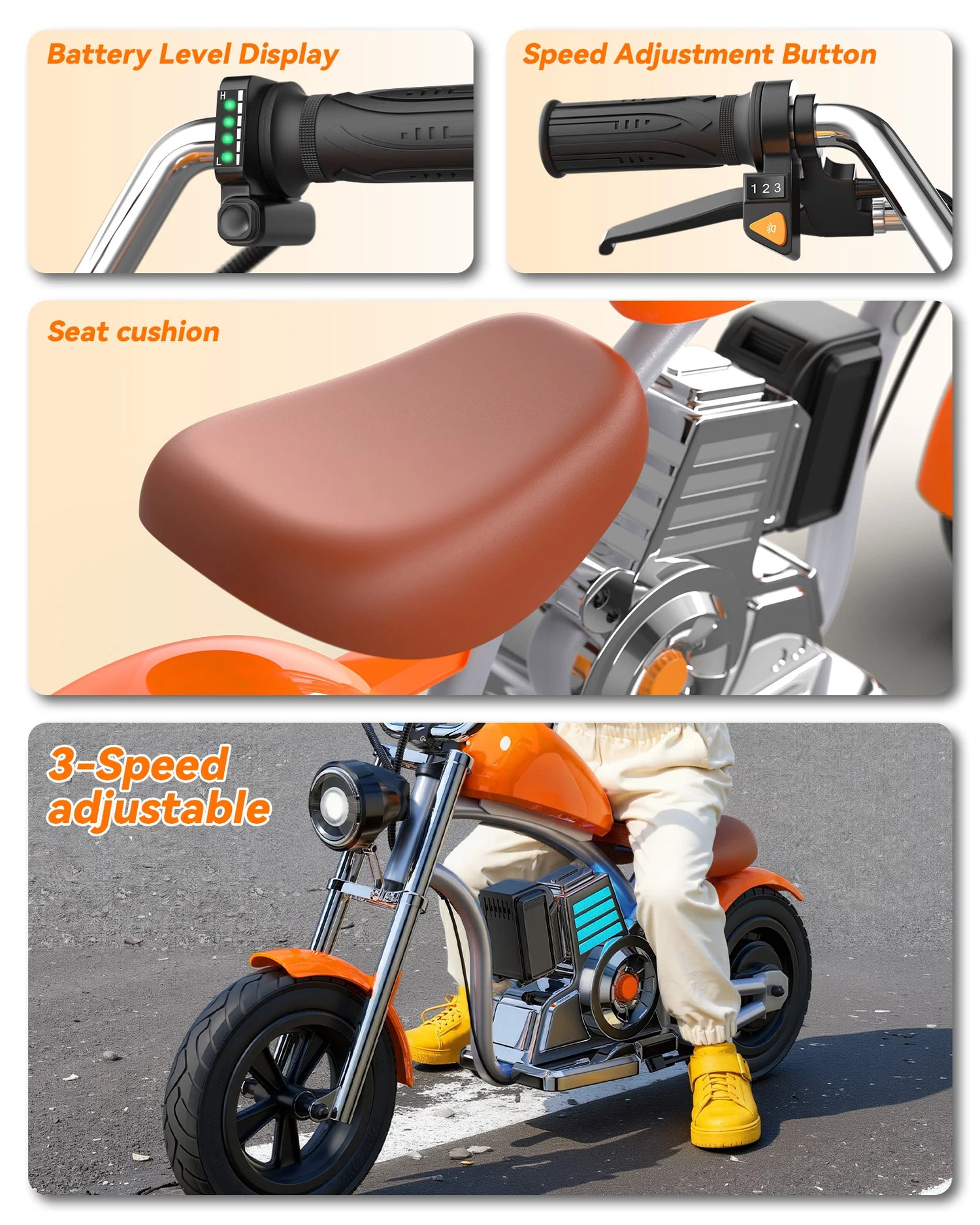 18V Electric Dirt Bike 160W Motor Retro Motocross 10mph Fast Speed with LED Lights Orange for Kids