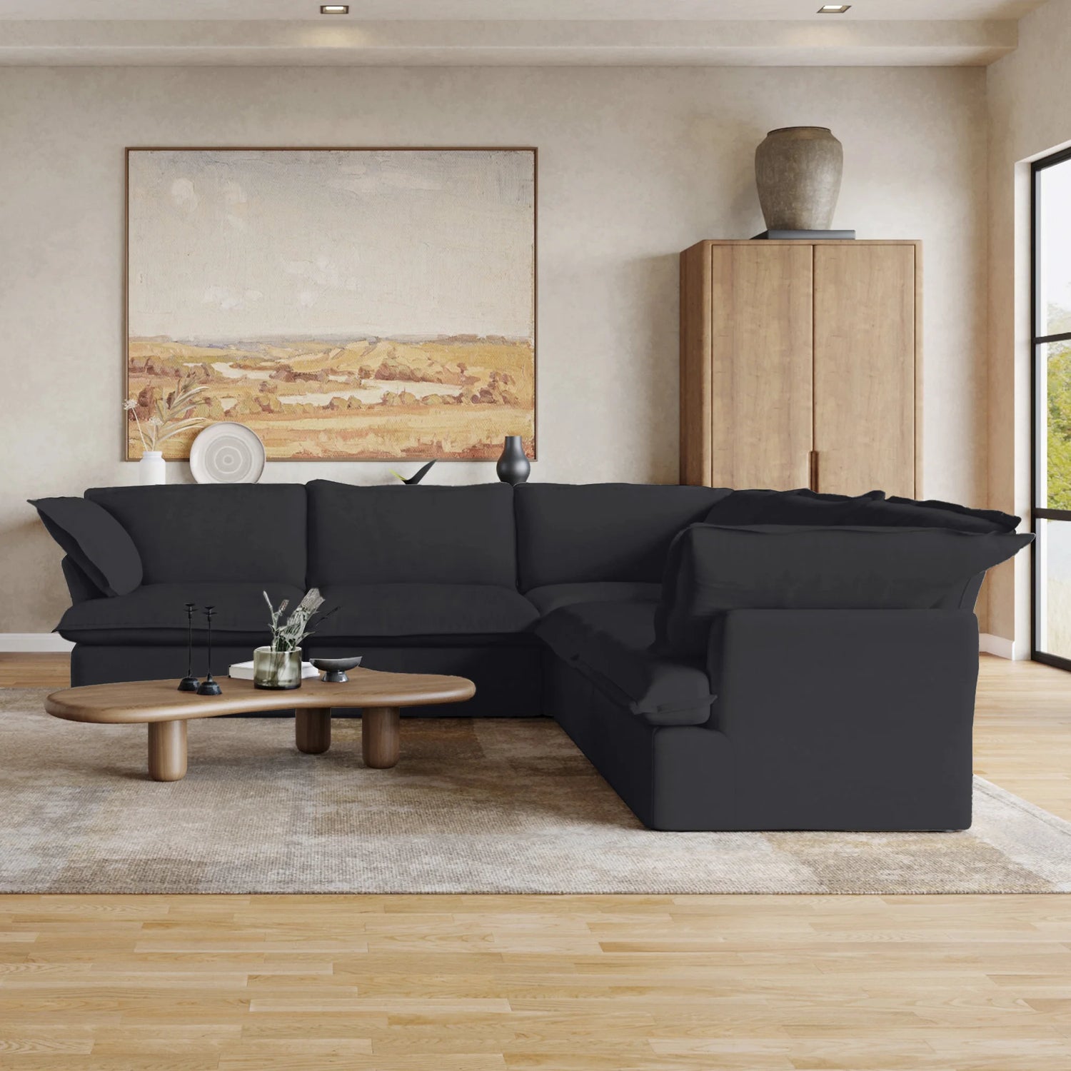 L Shape Corner Sectional Couch Breathable Linen Cloud Couches Down Fill Convertible Modular Sectional Sofas for Living Room
