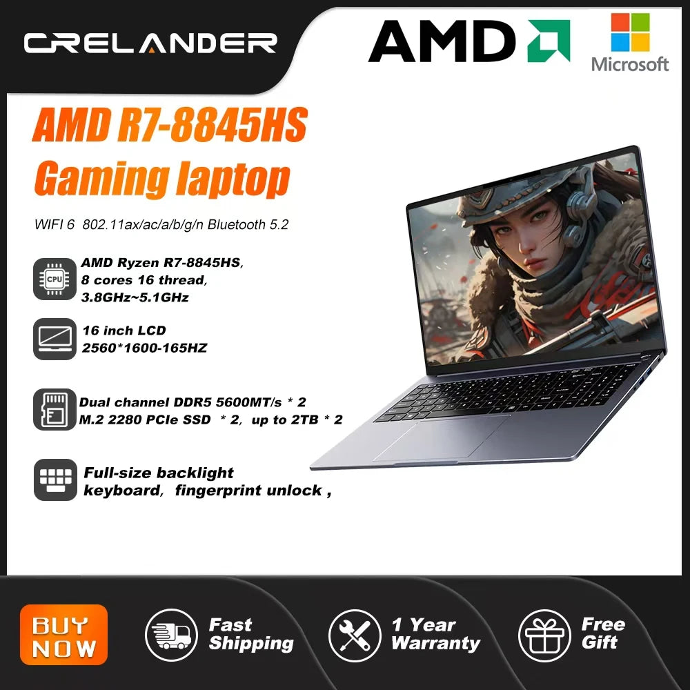 CRELANDER Laptop Ryzen 8845HS Processor 8Cores 16 Thread 16 Inch LCD 2560*1600-165HZ DDR5 Notebook Computer Gaming Laptops