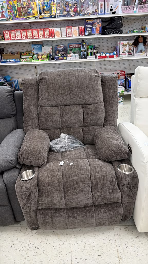 Plush Gray Recliner Chair with Cup Holders
