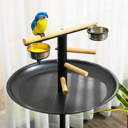 PawHut Bird Play Stand, Portable Parrot Perch, Bird Feeder Station, With Four Wheels, Stainless Steel Feeding Bowls, Round Tray, Grey