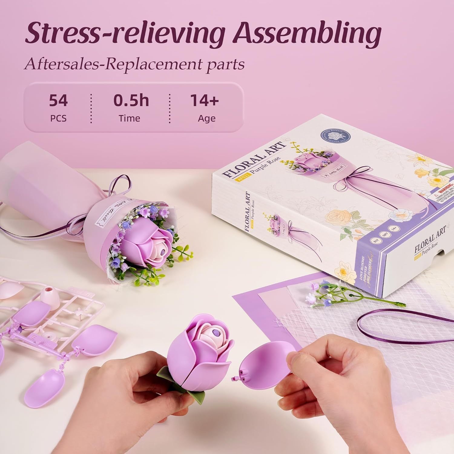 ROBOTIME Flower 3D Puzzle Model Kits Puzzles For Adults To Build Artificial Flowers For Home Bedroom Living Room Decor, Gifts For Women Valentine, Purple Rose