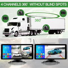 Car Backup Cameras System with 4K 10.36" Touch Screen Quad Display Monitor & 4Pcs 1080P Backup AHD Cameras, MP5 Player, Vehicle DVR Recorder for Rv/Truck/Bus/Trailer/Camper/Van