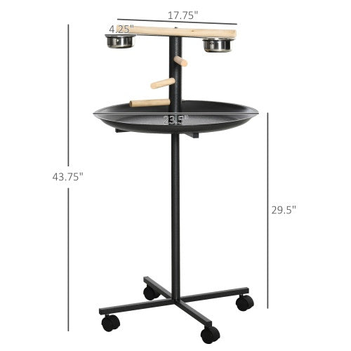 PawHut Bird Play Stand, Portable Parrot Perch, Bird Feeder Station, With Four Wheels, Stainless Steel Feeding Bowls, Round Tray, Grey