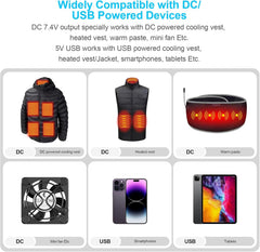DC 7.4V and 5V 2A USB Power Bank for Heated Vest Heated Jacket Rechargeable Battery Pack 10000Mah Portable Charger for Iphone, Tablet Etc