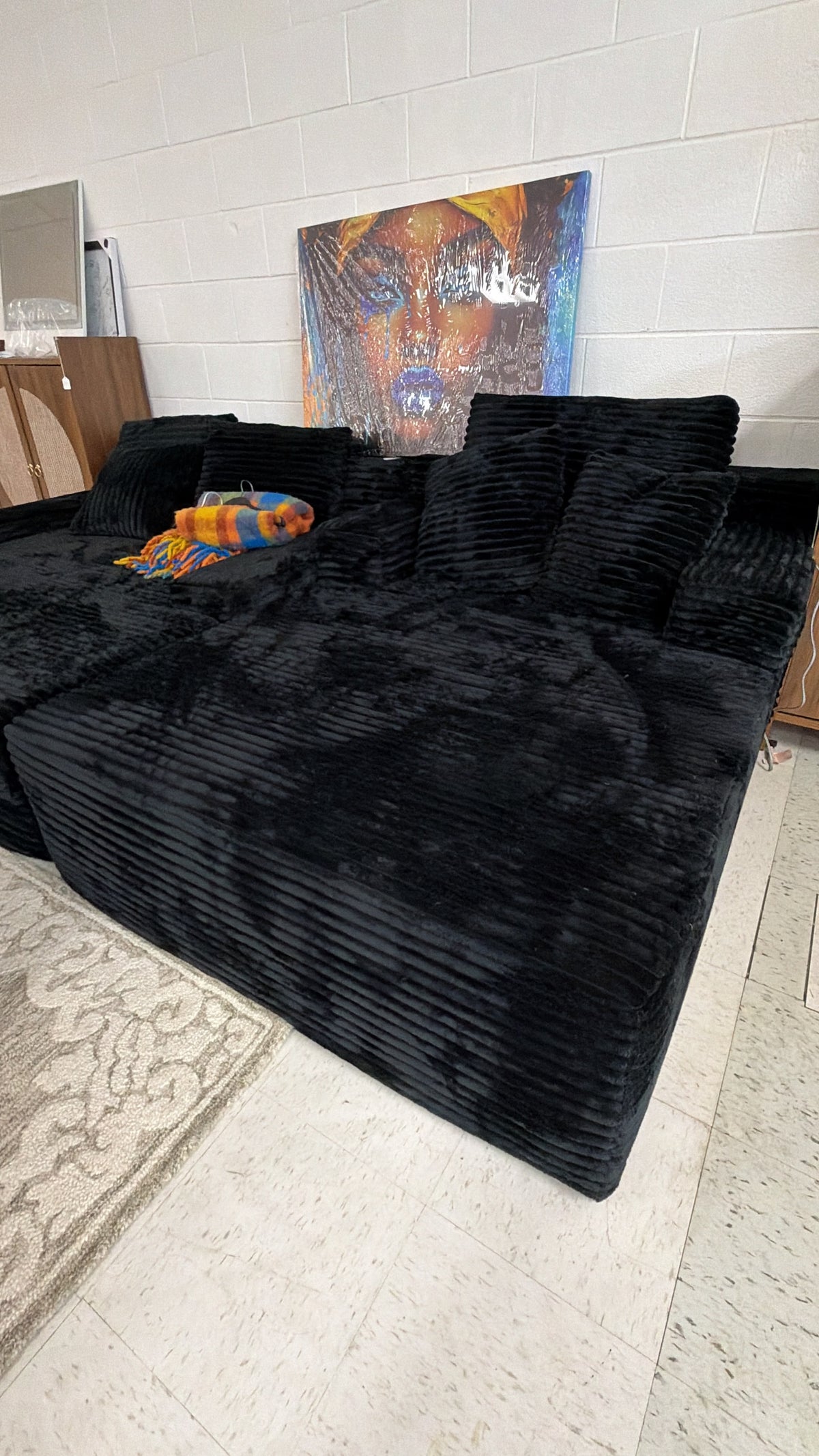 Plush Black Corduroy Sectional Sofa