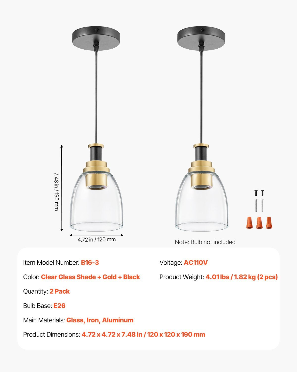 Pendant Light 1-Light Pendant Lighting With Glass Shade Adjustable Height