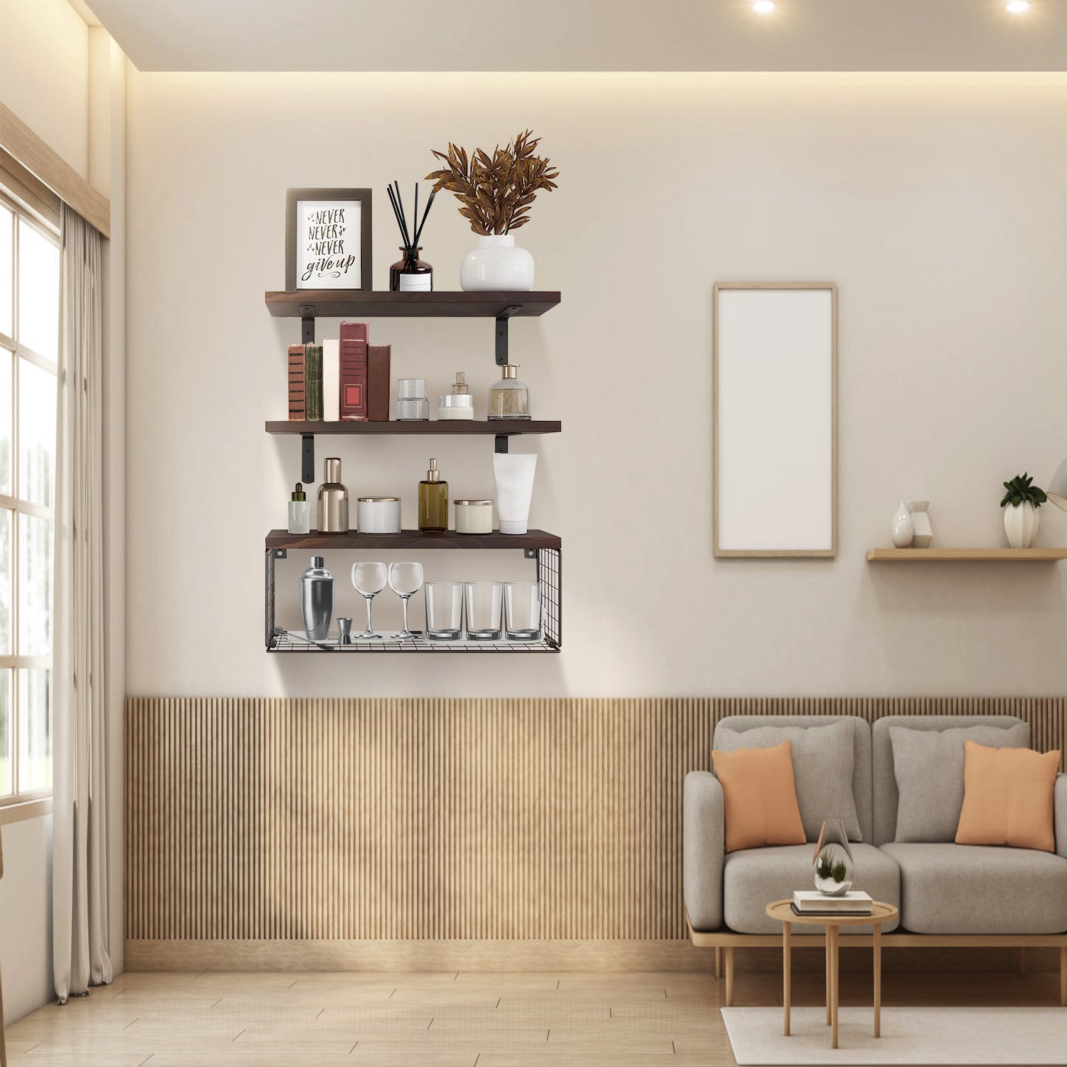 2 In 1 Floating Shelves Wall Mounted With Storage Basket Bathroom Shelves Over Toilet Wooden Shelves For Bedroom Living Room Kitchen Office Wall Decor Plants