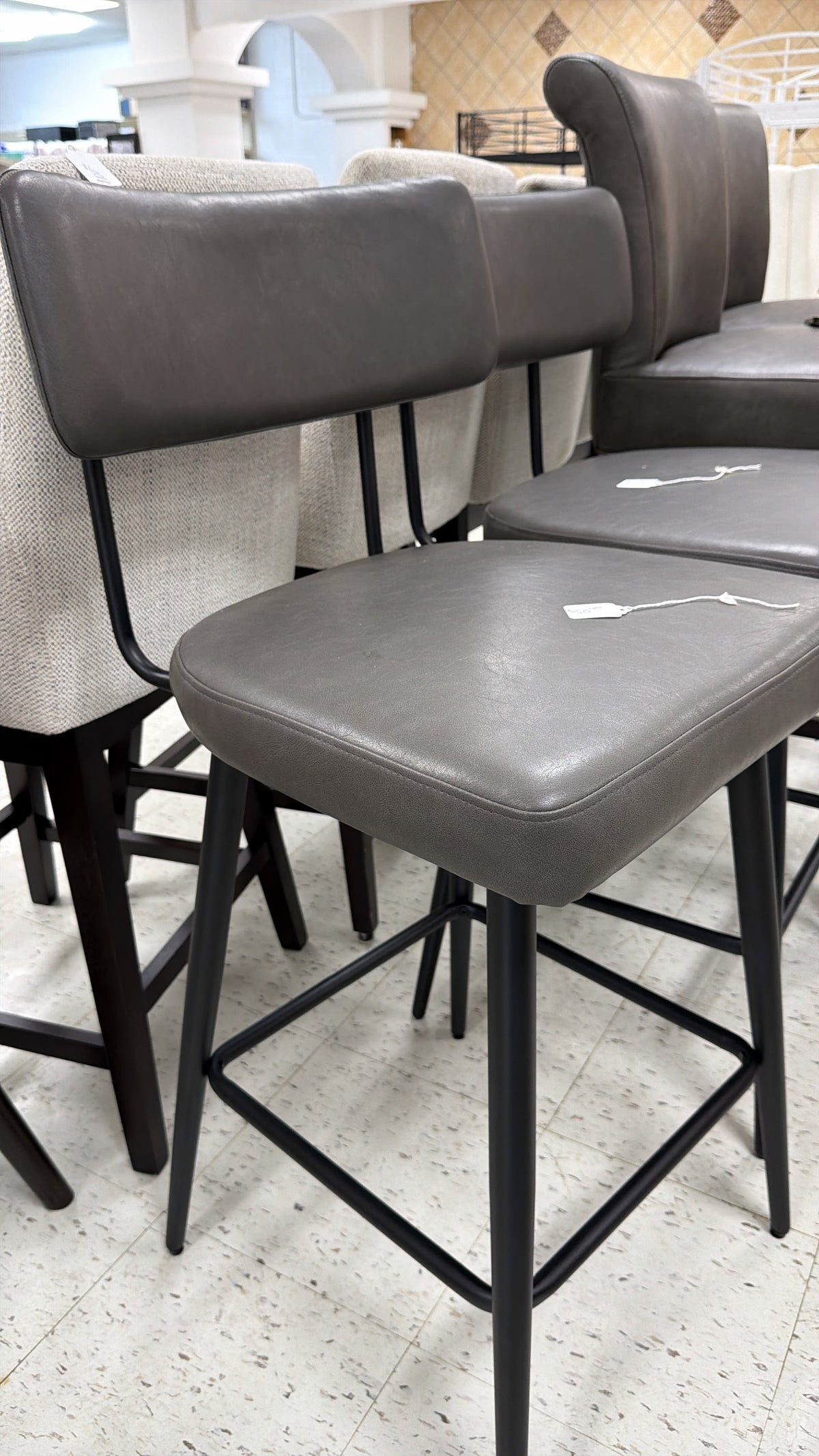 Gray Leather Bar Stools with Metal Legs