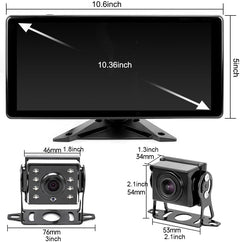 Car Backup Cameras System with 4K 10.36" Touch Screen Quad Display Monitor & 4Pcs 1080P Backup AHD Cameras, MP5 Player, Vehicle DVR Recorder for Rv/Truck/Bus/Trailer/Camper/Van