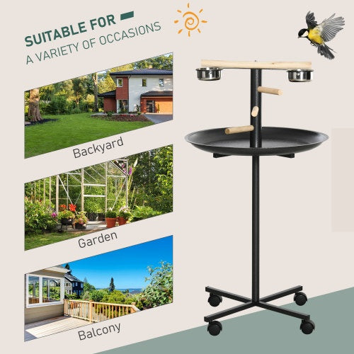 PawHut Bird Play Stand, Portable Parrot Perch, Bird Feeder Station, With Four Wheels, Stainless Steel Feeding Bowls, Round Tray, Grey