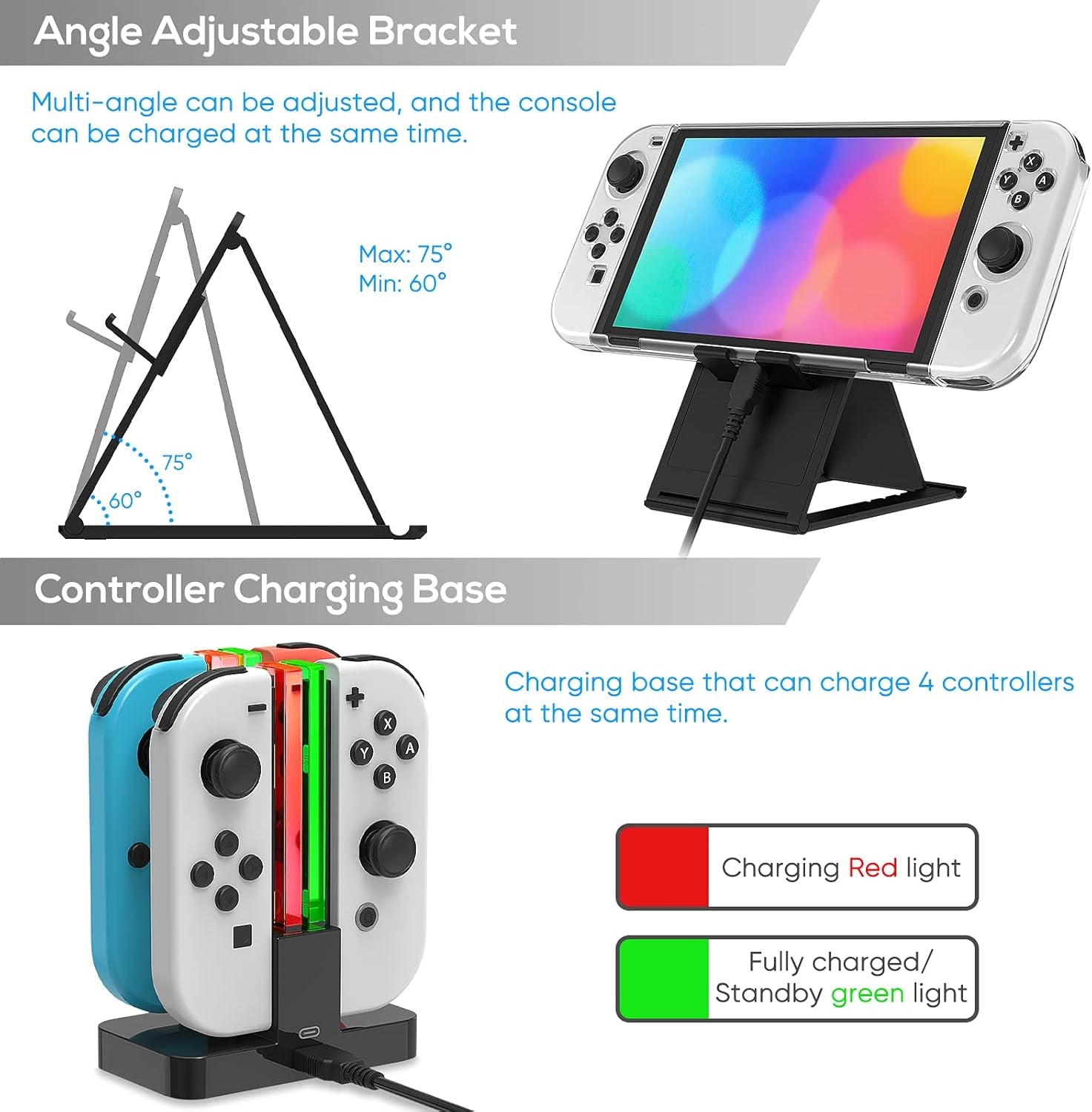 All in 1 Accessories Kits for Switch OLED 2021 Model：Case & Screen Protector, Hand Grips & Racing Wheels for Joy Con, Controller Charger Dock, Carrying Case & More -White