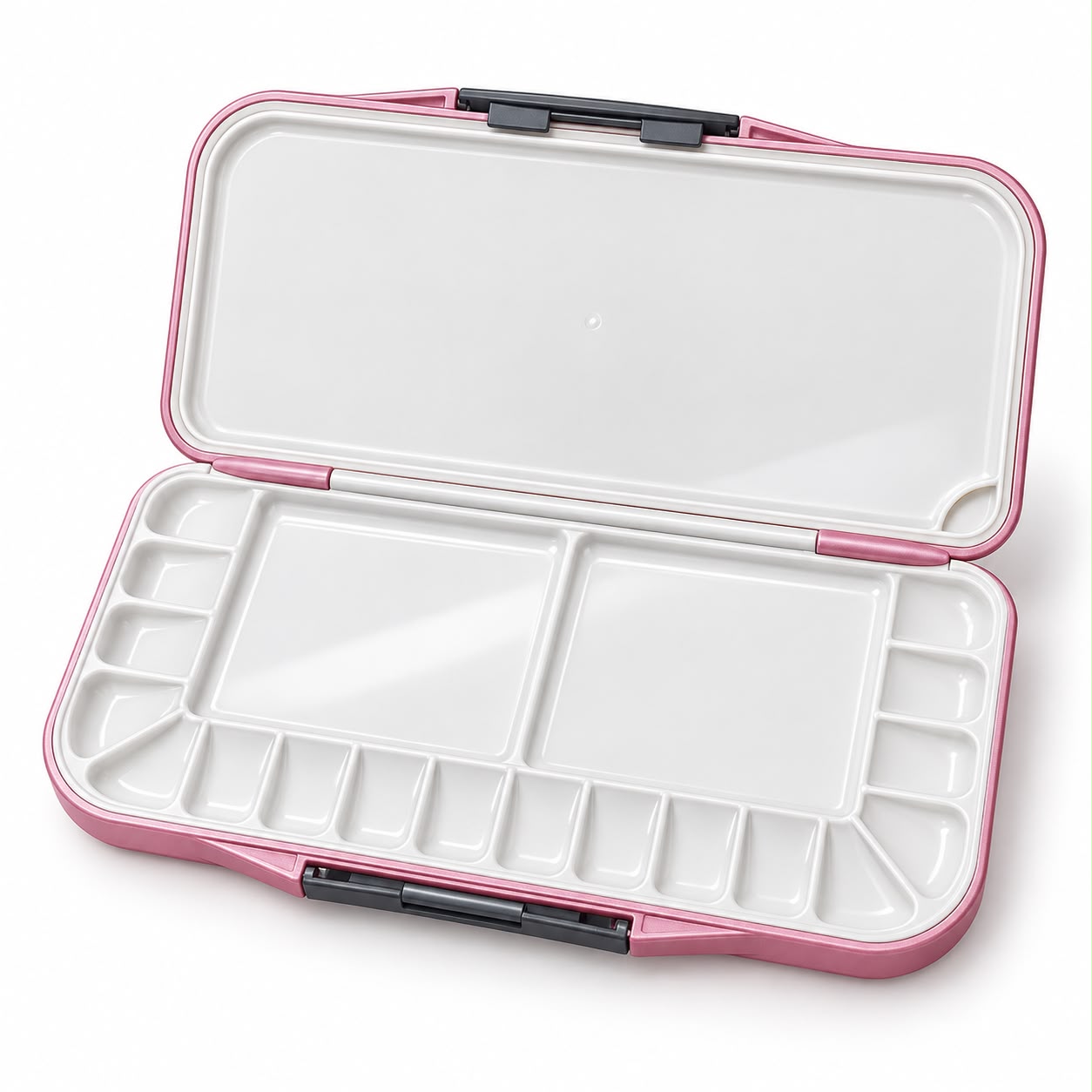 A pink and white plastic makeup palette