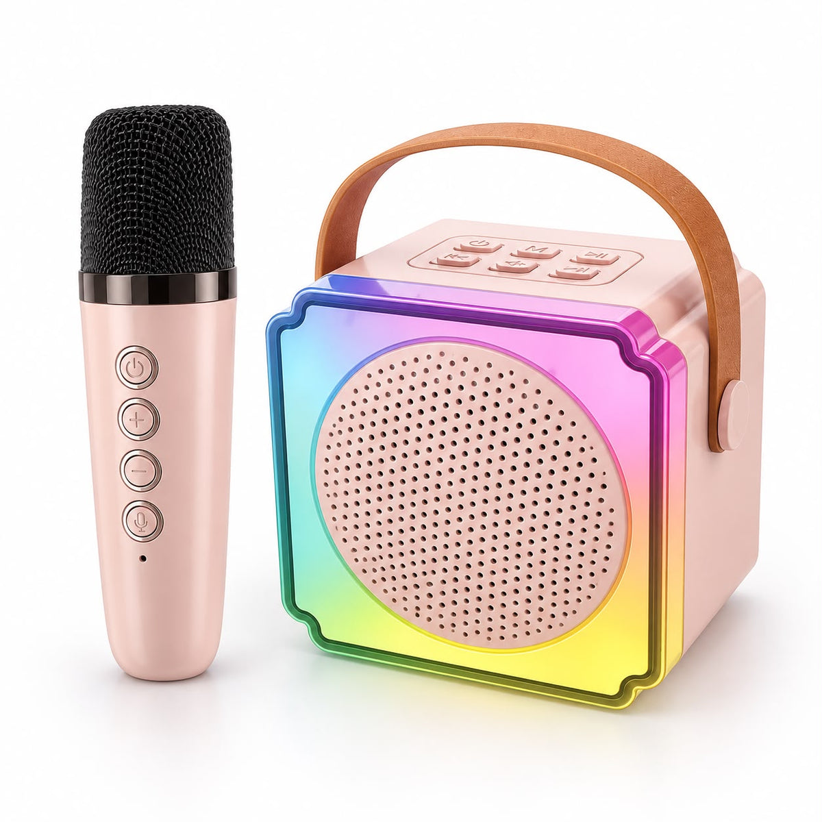 A portable karaoke set featuring a pink wireless microphone