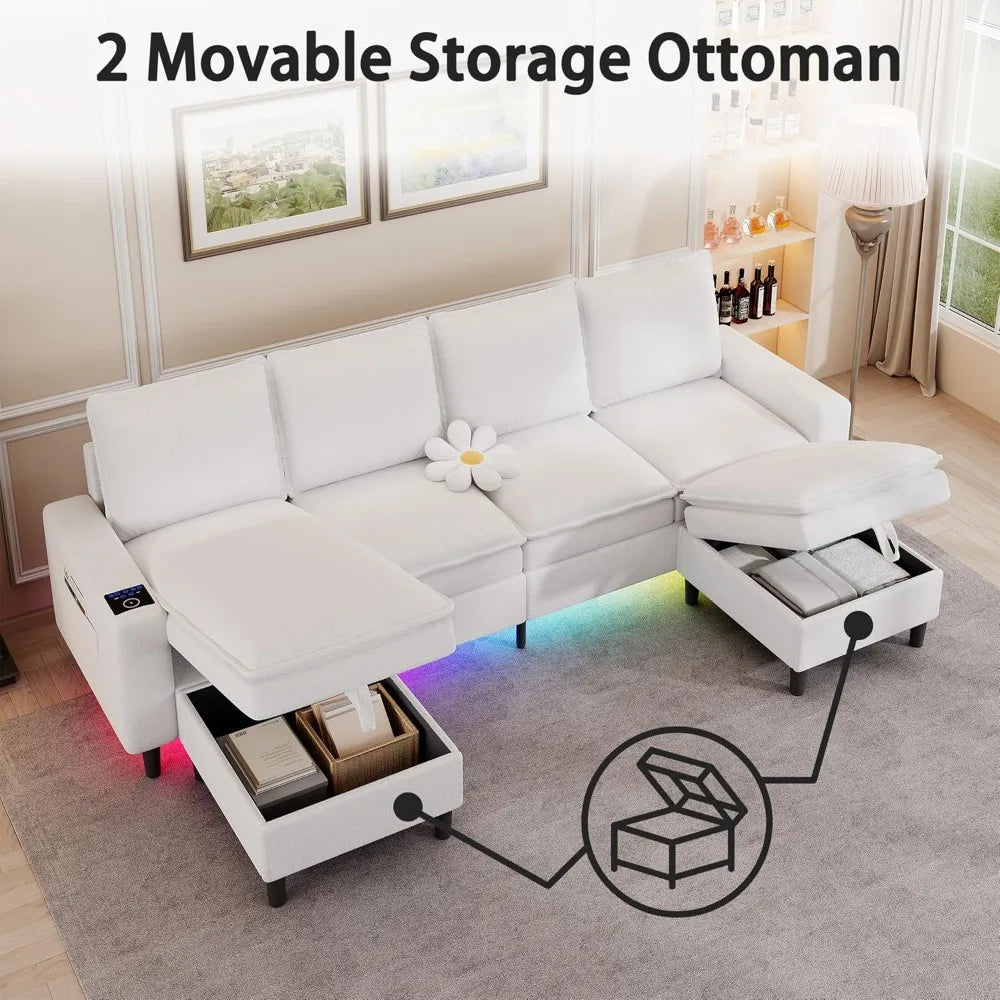 Sectional Couches for Living Room, 4 Seat Sectional Sofa with Double Cushions/Storage Ottoman, Teddy Fleece U Shaped Couch with