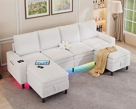 Sectional Couches for Living Room, 4 Seat Sectional Sofa with Double Cushions/Storage Ottoman, Teddy Fleece U Shaped Couch with