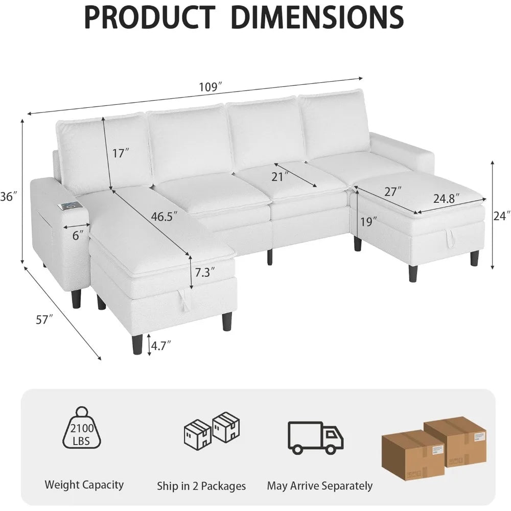 Sectional Couches for Living Room, 4 Seat Sectional Sofa with Double Cushions/Storage Ottoman, Teddy Fleece U Shaped Couch with