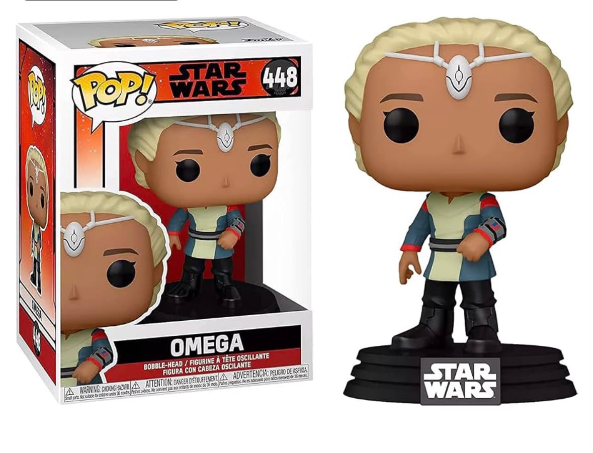 Funko Pop! Star Wars Omega vinyl figure shown next to its retail box. The figure has blonde hair, a white headpiece, and a blue, cream, and red outfit, standing on a black base with a Star Wars logo.