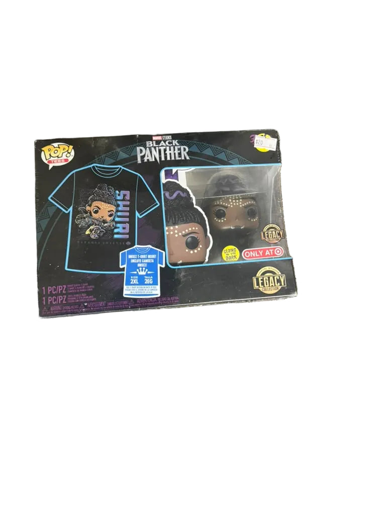 Funko Pop! Movies Black Panther 2-pack set in its original window box packaging, placed on a textured brown carpet. The set includes a black t-shirt with blue and white graphics and two vinyl figures.
