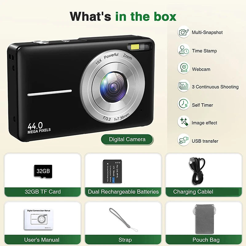 HD 2.4 Inches 1080P Digital Camera Rechargeable Cameras with 16X Zoom Compact Camera 44MP Cameras for Kids Girls Camera Digit