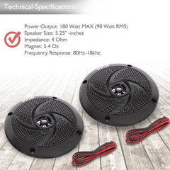 PLMRS5B 5.25-In Waterproof Low Profile Marine Speakers, Black (4 Speakers)