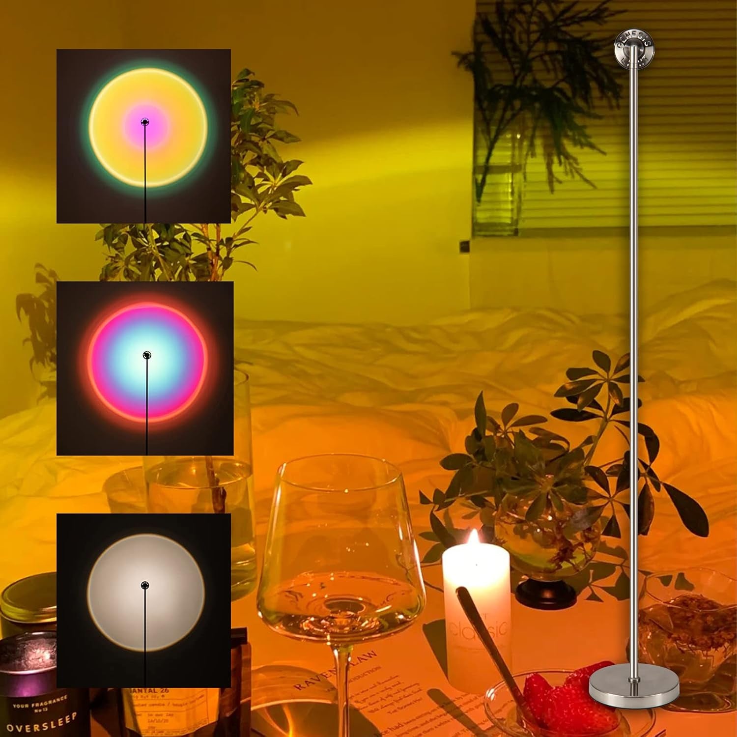 Sunset Lamp 4.5 Feet Floor Lamp Sunset Projection LED Light with 3 Colors, Rainbow Projector Lamp Floor Lamp Multicolors Night Light for Living Room Girls Bedroom Romantic Modern(Silver)