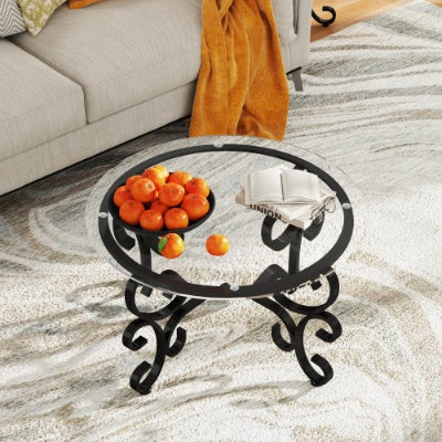 3 Piece Tempered Glass Surface Coffee Table Set, Decor Coffee Table Round End Side Table With Sturdy Construction For Living Room Rustic Black