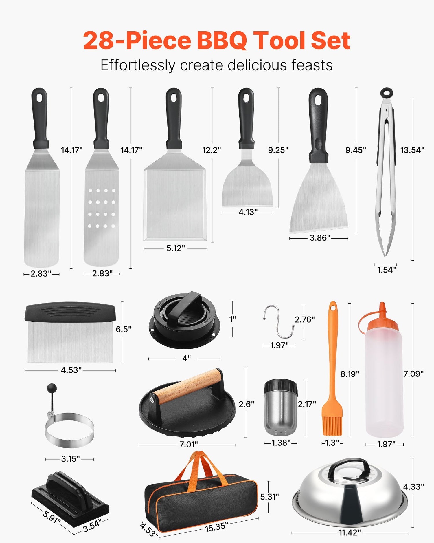28PCS Griddle Accessories Kit Flat Top Grill Spatula BBQ Tools Stainless Steel