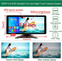 Car Backup Cameras System with 4K 10.36" Touch Screen Quad Display Monitor & 4Pcs 1080P Backup AHD Cameras, MP5 Player, Vehicle DVR Recorder for Rv/Truck/Bus/Trailer/Camper/Van